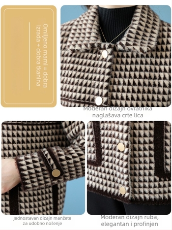 Ženska kratka jakna od mink velura, jesen/zima 2025, novi stil, elegantan gradski komad s uzorkom houndstooth