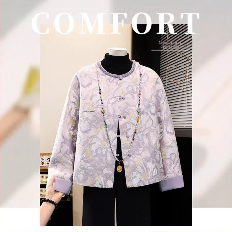 Jacquard kratka jakna s čvorovitim gumba, udoban kroj, plus veličina, za zrelu ženu, kineski stil