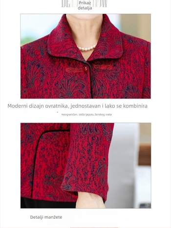 Izšivana bluzica s ovratnikom za starije žene – jesen/zima, debeli materijal, etnički stil, široka silueta