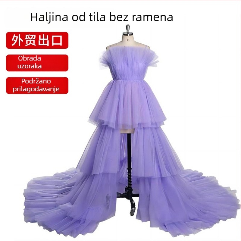 Prilagođena tanka mrežasta haljina s velikim rubom, bez ramena, sladak tortasti stil, duga haljina za fotografiranje u studiju