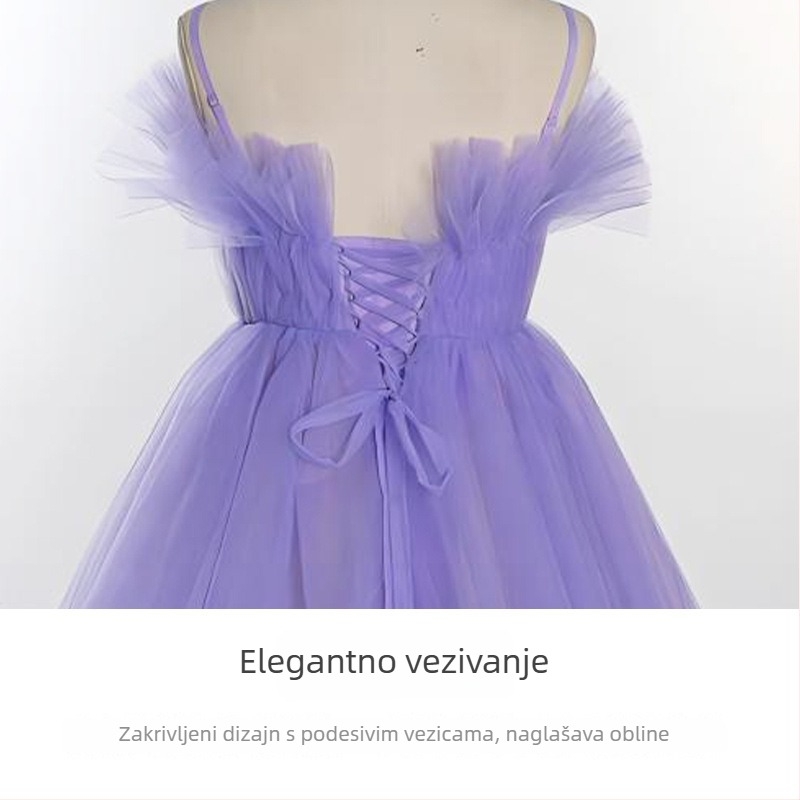 Prilagođena tanka mrežasta haljina s velikim rubom, bez ramena, sladak tortasti stil, duga haljina za fotografiranje u studiju