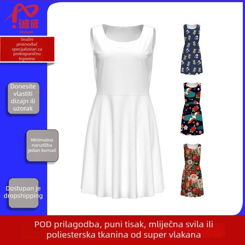 Ženska haljina bez rukava s ovratnikom u obliku potkove, digitalni otisak na poliesteru, A-linija, kratka, s širokim rubom i odvojivim dizajnom