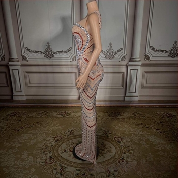 Luksuzna, blistava crvena dijamantna haljina bez rukava, duga do poda, za dodjelu nagrada, modne revije, zabave, bankete i koktele