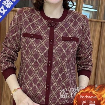 Ženski top s flis podstavom, debeli zimski komad, udoban kroj, denim-pamučna tkanina, dugi rukav, okrugli izrez, 3D uzorak, casual stil.