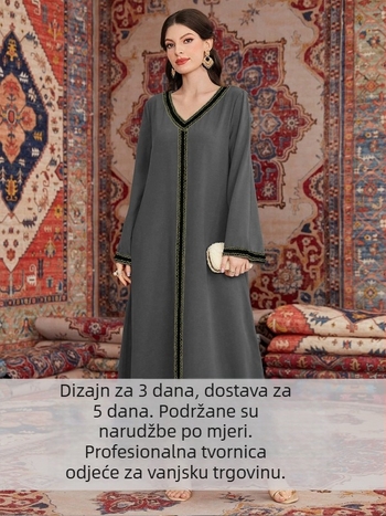 Elegantna ženska haljina s V-izrezom, izšivena, dugačka, udoban kroj, po mjeri