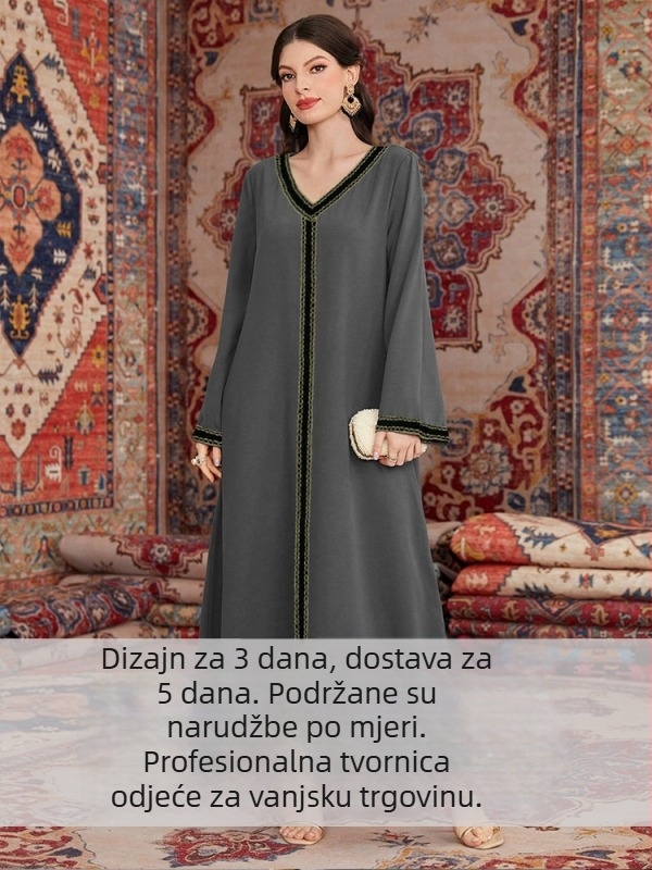 Elegantna ženska haljina s V-izrezom, izšivena, dugačka, udoban kroj, po mjeri