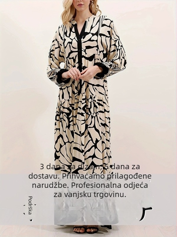 Crna dugačka haljina s printom, elegantnog i otmenog stila, mekana i udobna, prostran kroj