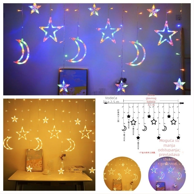 LED zavjese svjetla s petokracnim zvjezdama, USB baterijsko kućište, 12 zvijezda (6 velikih, 6 malih) svadbeni dekor