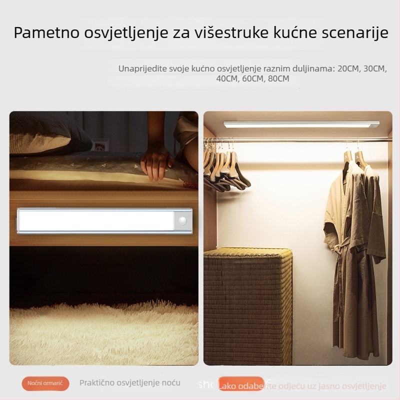 Izuzetno tanka LED noćna lampa sa senzorom pokreta, magnetska samoljepljiva baza za ormar, punjiva