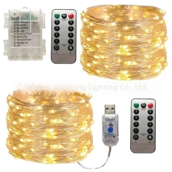 Daljinsko upravljano, 8-funkcijsko vodootporno LED vlakno od bakrene žice, duljine 10 m, 100 LED, baterijsko kućište, USB bakrena žica