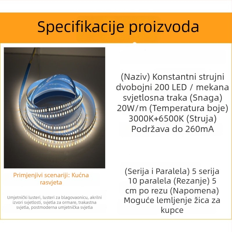 LED traka za kućno osvjetljenje 2835, dvobojna temperatura boje, konstantan strujni tok, 200 LED-ova, fleksibilna, visoka svjetlina, dimabilna