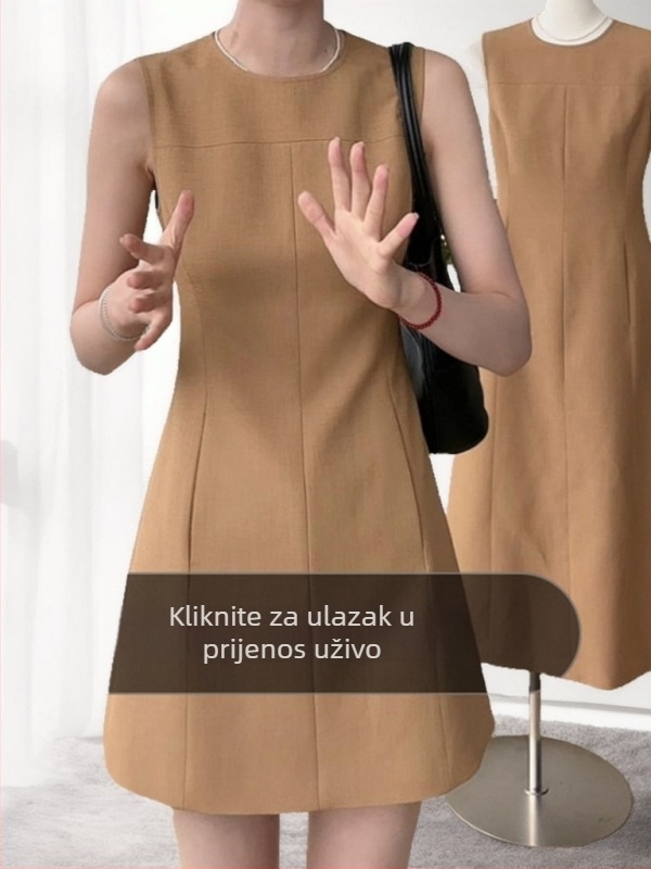 Smeđa haljina bez rukava s tankim špaget-trakama, korejskog stila, elegantna ljetna haljina s A-liniom