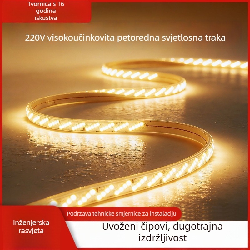 LED traka 220V za vanjsku upotrebu, vodootporna, 320 LED-ova, pet redova, inženjersko osvjetljenje, topla svjetlost, izuzetno mekana