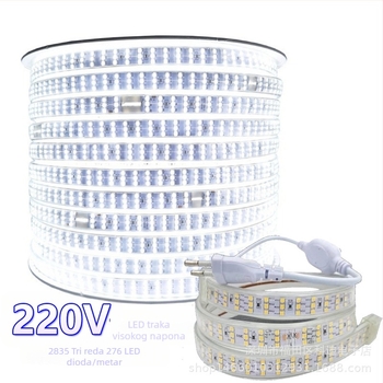 220V vanjska LED traka, ultra-jasna 2835 SMD, tri reda, 276 LED/m, za kućnu dekoraciju i osvjetljenje stropa dnevnog boravka, mekani svjetlosni trak