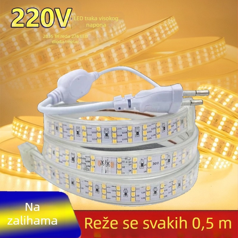 220V vanjska LED traka, ultra-jasna 2835 SMD, tri reda, 276 LED/m, za kućnu dekoraciju i osvjetljenje stropa dnevnog boravka, mekani svjetlosni trak