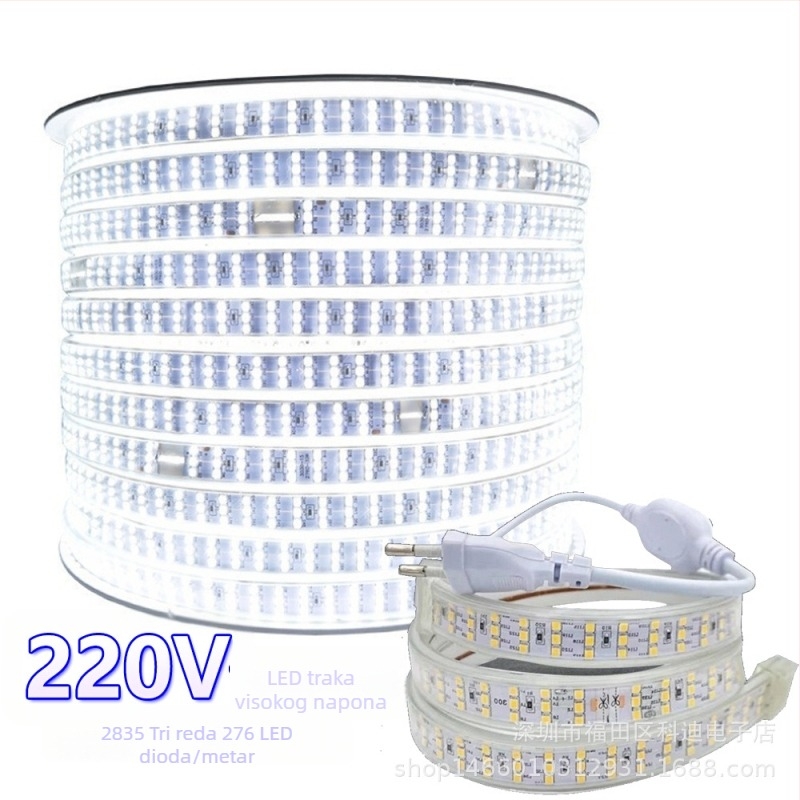 220V vanjska LED traka, ultra-jasna 2835 SMD, tri reda, 276 LED/m, za kućnu dekoraciju i osvjetljenje stropa dnevnog boravka, mekani svjetlosni trak