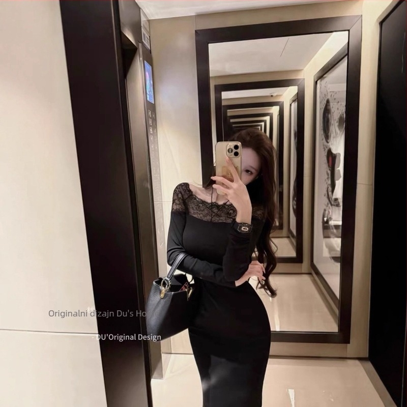 Nightfall Rose čipkasta pletena bodycon haljina za žene, duga zimska haljina koja naglašava figuru