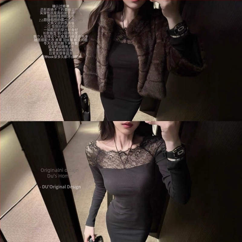 Nightfall Rose čipkasta pletena bodycon haljina za žene, duga zimska haljina koja naglašava figuru