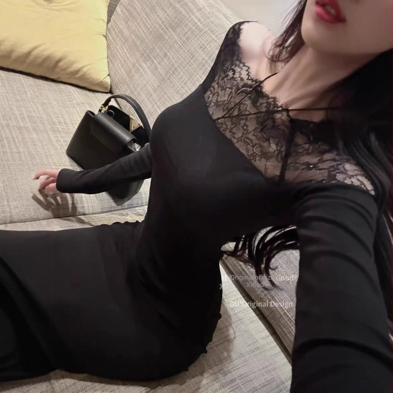 Nightfall Rose čipkasta pletena bodycon haljina za žene, duga zimska haljina koja naglašava figuru