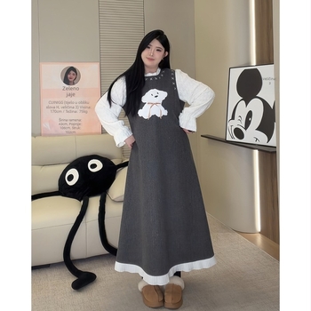 2536 Ženska haljina plus size za zimu, slatko retro korejski stil, haljina s lažnim dvodijelnim efektom i blok boja