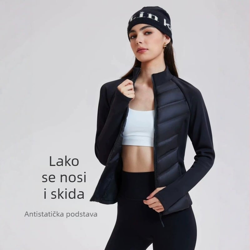 0410-21 Ženska uska jakna od perja s ribanim krojem, zimska lagana podstava, kratka duljina, za malu figuru, sportski stil