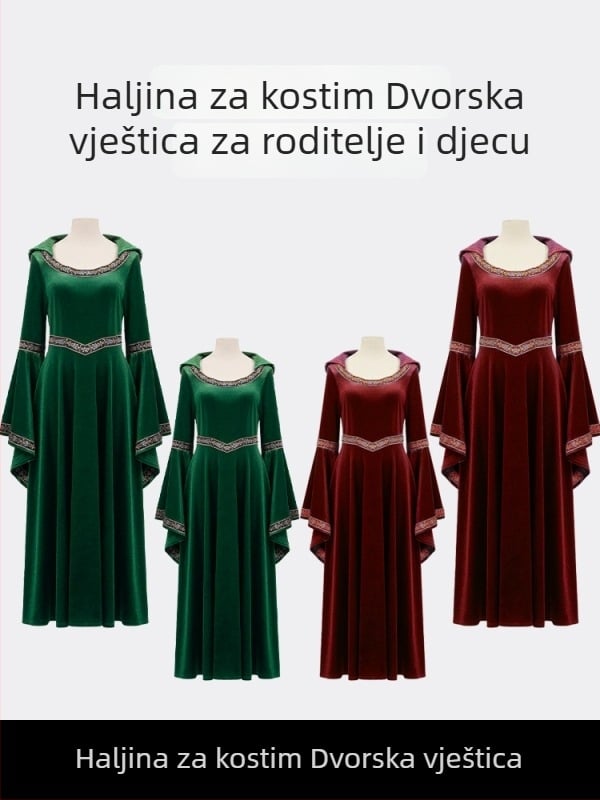 Srednjovjekovna i viktorijanska haljina za dvorsku vješticu, umjetnički zeleni vintage tonovi s vinsko-crvenim nijansama