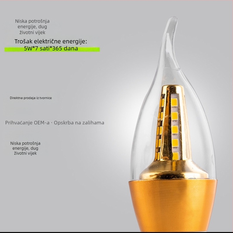 LED svijećna žarulja s E12/E14/E27, energetski učinkovita, 110–220V, 180° zračenje, aluminijsko kućište, 8000 lm