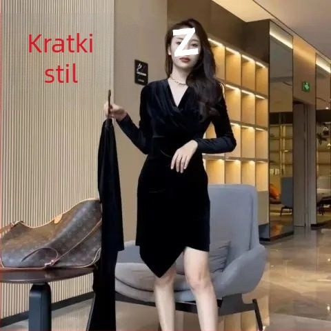 2025 ženska baršunasta crna haljina s dugim rukavima, uski kroj i srednja duljina