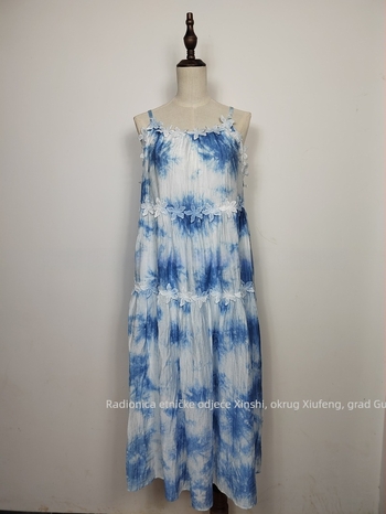 Ručna pamuk haljina s biljnim bojom i tie-dye uzorkom, s trakama, srednje duljine, za putovanja, inspirirana etnikom