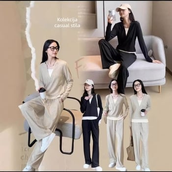 Ženski dvodijelni set s dugim rukavima, casual sportski stil za svakodnevno nošenje, uski gornji dio i široke hlače