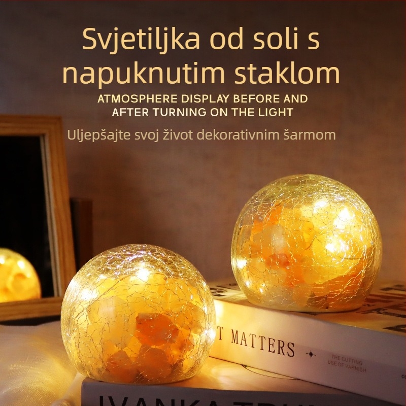 Himalajska solna lampa s ledeno napuknutim staklom i cvjetnim kristalnim dizajnom, noćna svjetiljka