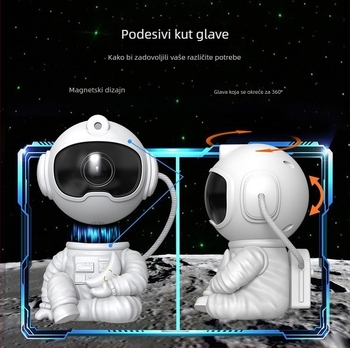 Astronaut projekcijska lampica zvjezdanog neba s Mjesecom – USB napajanje, oblik planeta, crtani stil