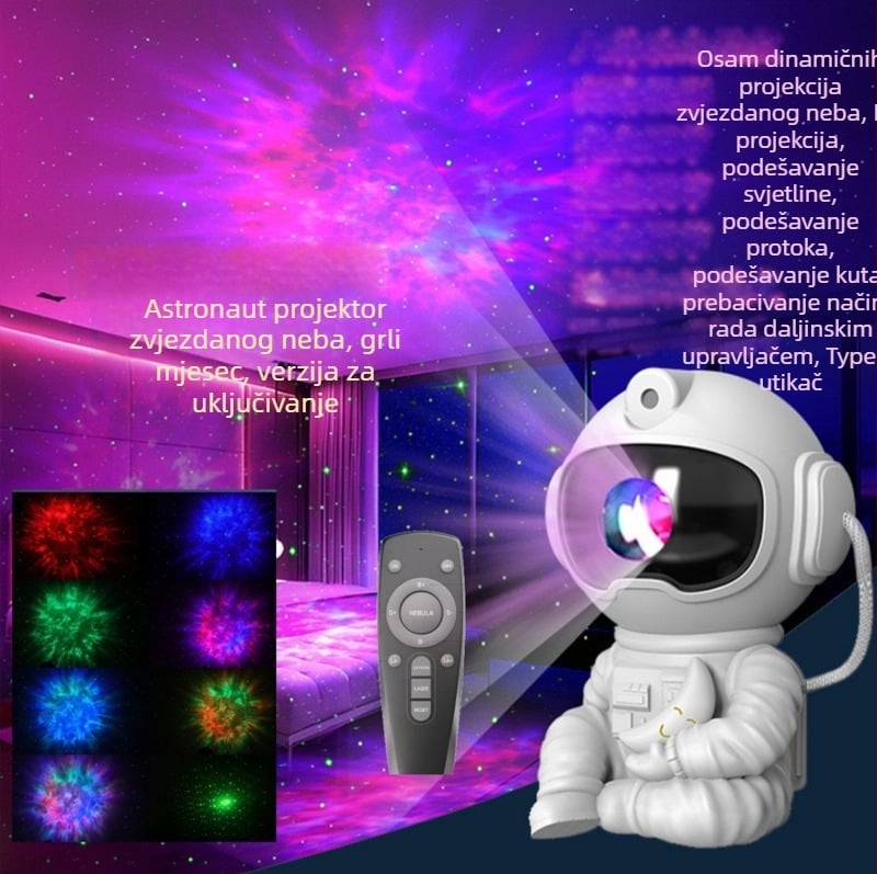Astronaut projekcijska lampica zvjezdanog neba s Mjesecom – USB napajanje, oblik planeta, crtani stil