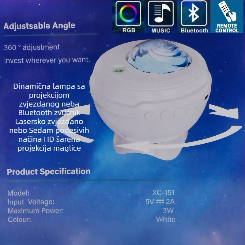 Dinamična projekcijska lampica zvjezdanog neba s Bluetoothom, noćna svjetiljka za spavaću sobu i atmosferično osvjetljenje