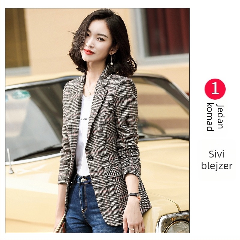 Ženski karirani blejzer – korejski stil, britanski dojam, jesensko-zimska casual retro jakna s hongkonškim štihom
