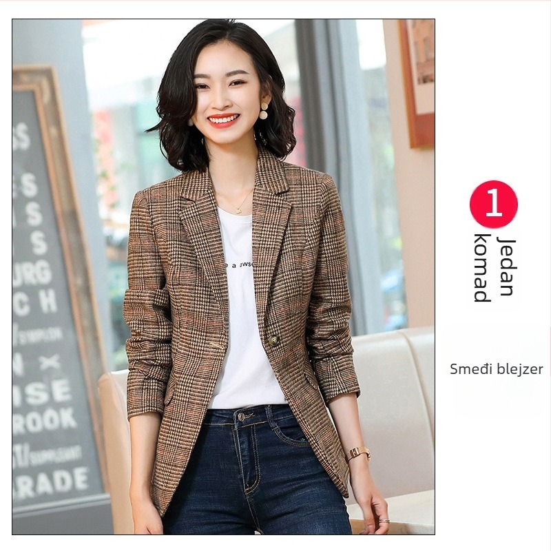 Ženski karirani blejzer – korejski stil, britanski dojam, jesensko-zimska casual retro jakna s hongkonškim štihom