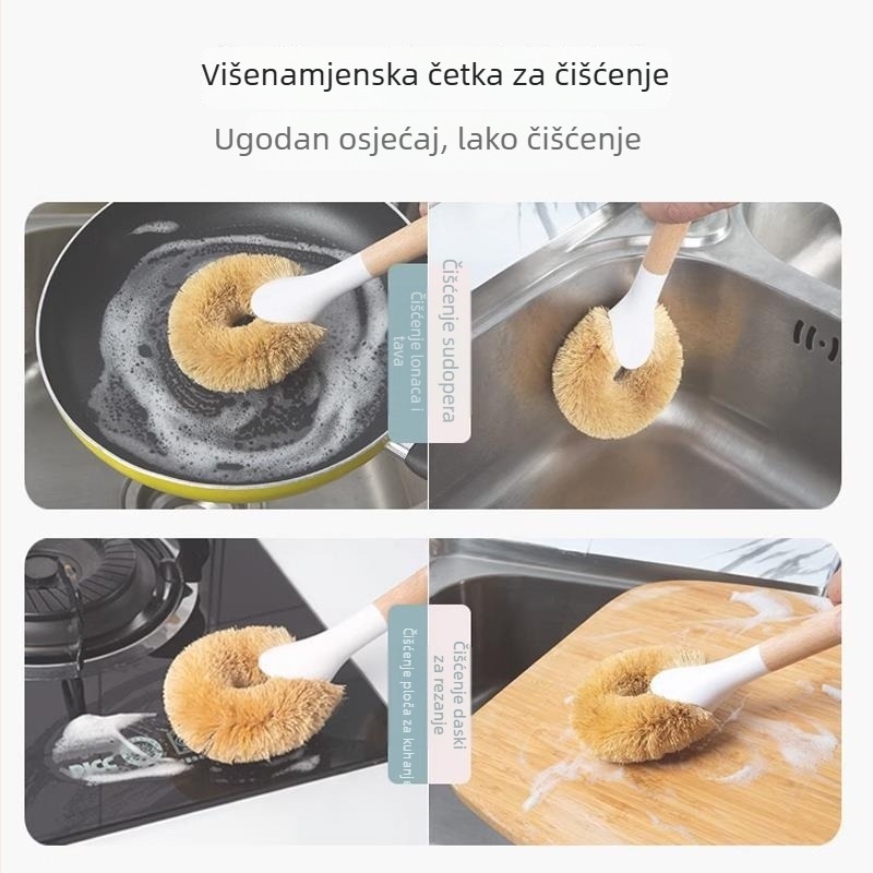 Dugačak držač od kokosovih vlakana za pranje lonaca i posuđa – kuhinjska četka koja ne grebe posuđe