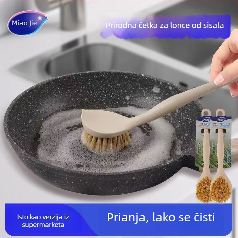 Miaojie četka za posuđe od biljnih vlakana, dugačka drška, otklanja masnoću, otporne mekane dlačice, ne ogrebuje posuđe, za pranje posuđa i kuhinjsko čišćenje