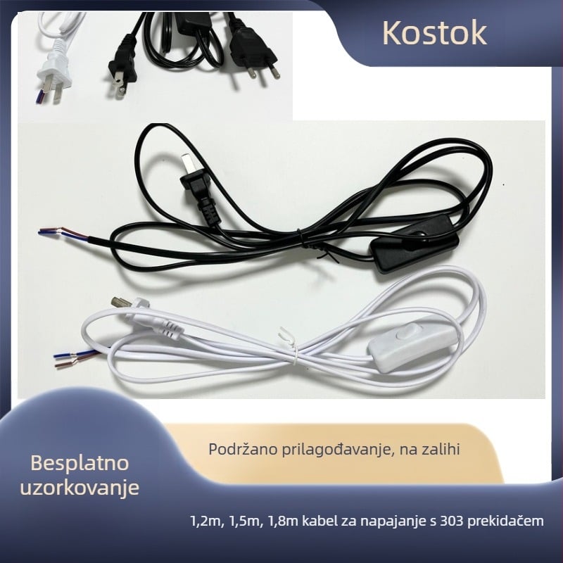 Kabel napajanja s prekidačem 303 za stolnu lampu, dvopolni plosnati utikač, produžni kabel za ventilatore, regulacija osvjetljenja
