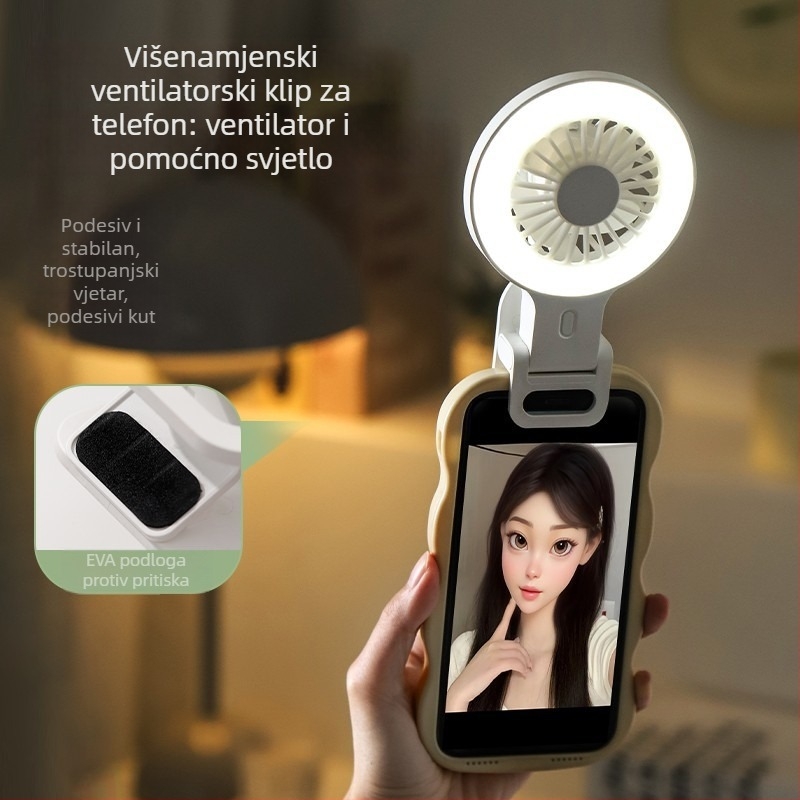 Mini USB klips ventilator s ugrađenom rasvjetom za selfie i bazom – za kućnu i vanjsku upotrebu