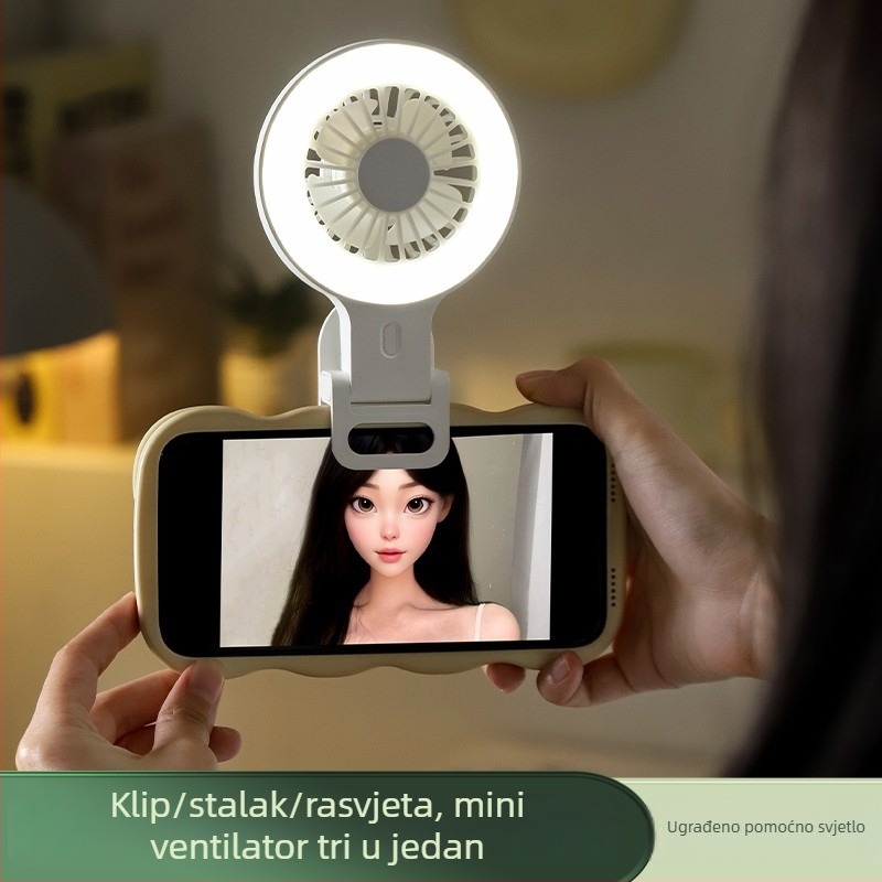 Mini USB klips ventilator s ugrađenom rasvjetom za selfie i bazom – za kućnu i vanjsku upotrebu