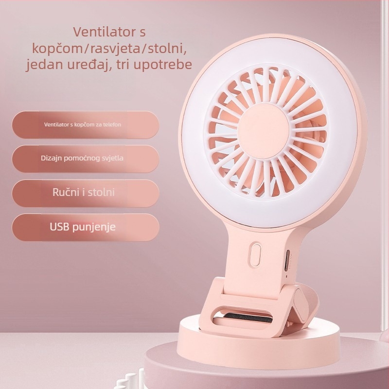Mini USB klips ventilator s ugrađenom rasvjetom za selfie i bazom – za kućnu i vanjsku upotrebu