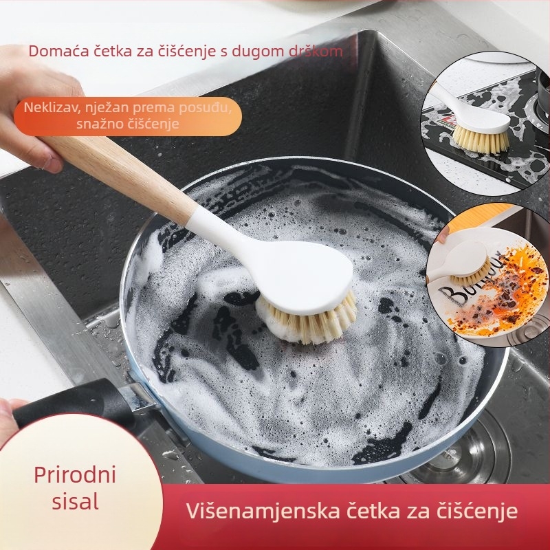Četka za lonce s drvenom drškom, četka za suđe s kokosovim vlaknima, dugačak držak, kuhinjska četka