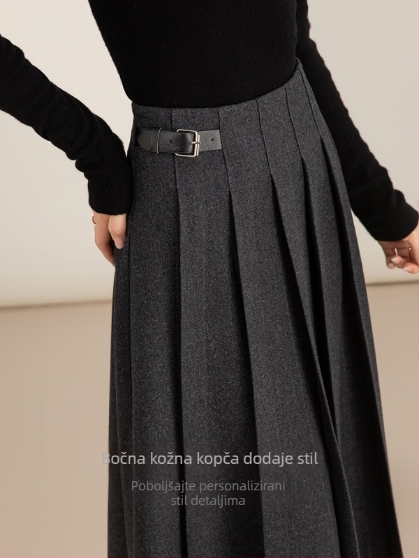 Xinge ženska suknja od acetatno-vunane smjese, jesen-zima, visok struk, midi duljina, siva, plisirana A-linija
