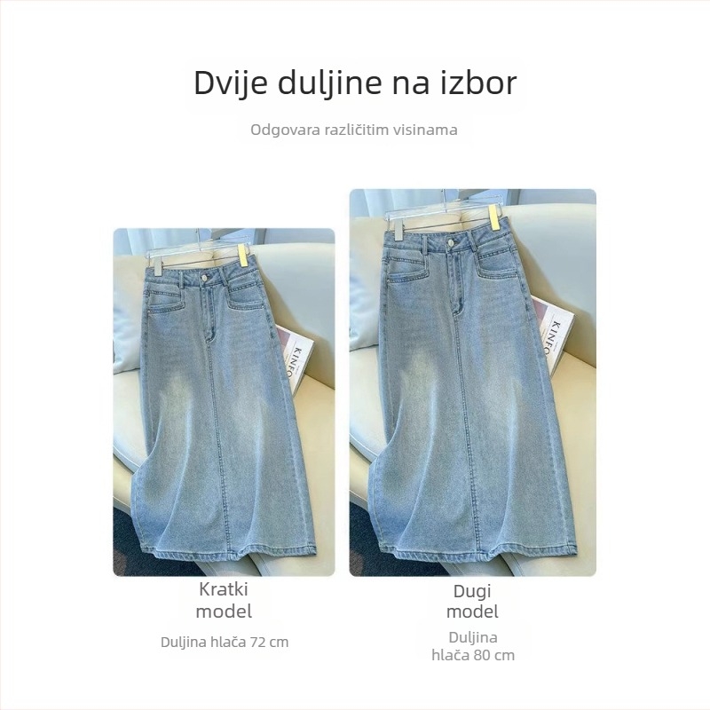 Ženska visokog struka, svijetloplava traper suknja, proljeće–jesen 2026, retro A-linija, midi duljina