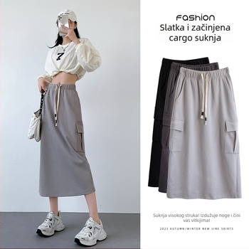 Ženska suknja u američkom retro radnom stilu, visokim pojasom, A-linija s prorezom, srednja duljina, elegantan svakodnevni stil