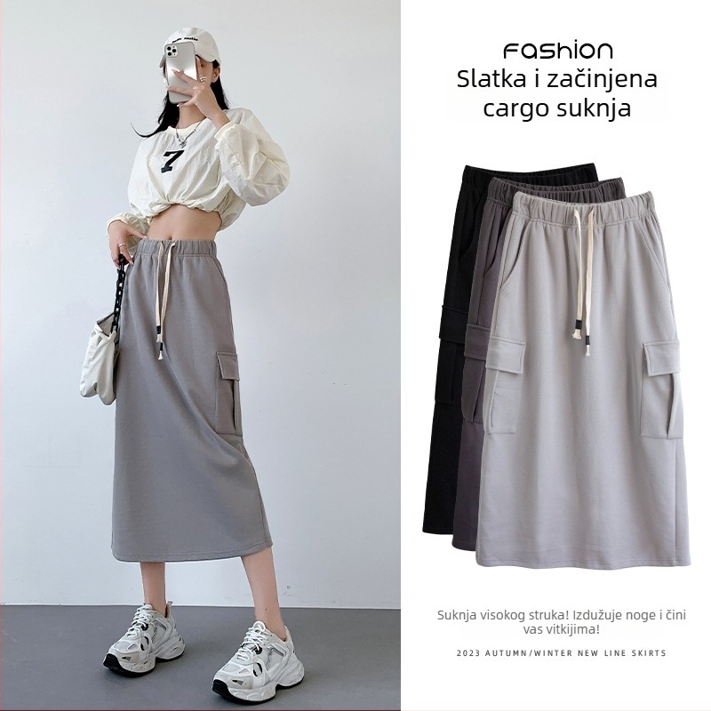 Ženska suknja u američkom retro radnom stilu, visokim pojasom, A-linija s prorezom, srednja duljina, elegantan svakodnevni stil