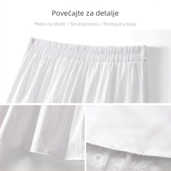 Bijela šifon suknja za žene, ljeto, lagani kroj, elastičan visok pojas, plisirana A-linija, čipkasti umetak, suknja kišobran-stila
