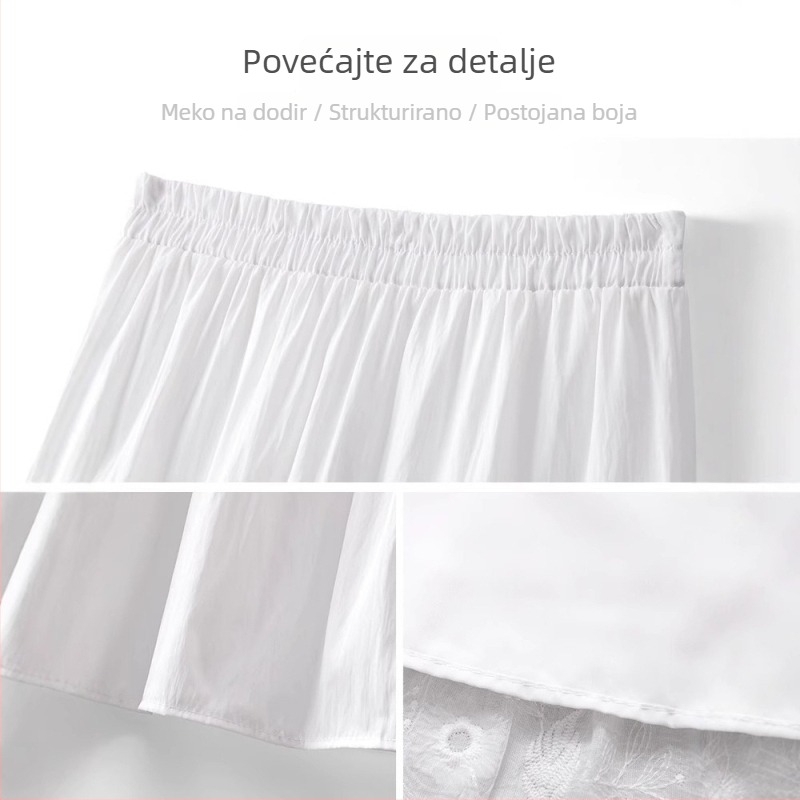 Bijela šifon suknja za žene, ljeto, lagani kroj, elastičan visok pojas, plisirana A-linija, čipkasti umetak, suknja kišobran-stila