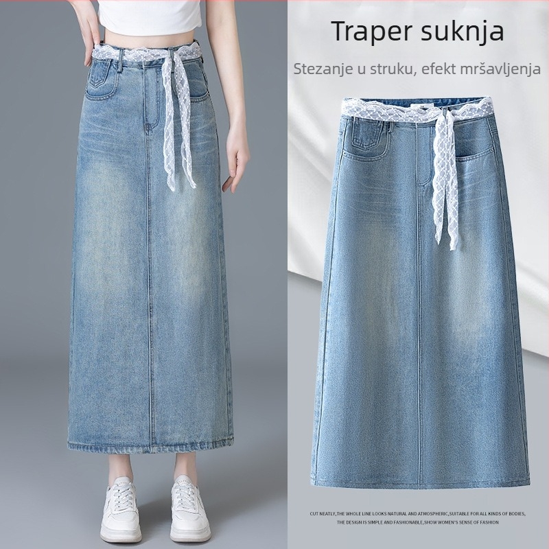 Plava traper suknja midi s čipkastim pojasom, A-linija, prednji otvor